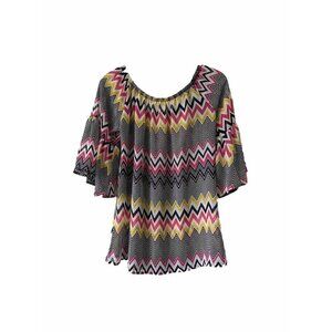 Voel Chevron Print Fluter Sleeve Sheer Blouse Size M Yellow Black Red Lightweigh